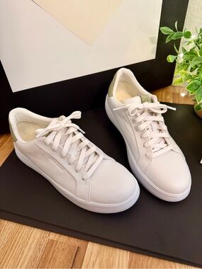Cole Haan White Leather Sneakers with Sage Green Croc Heel Tab